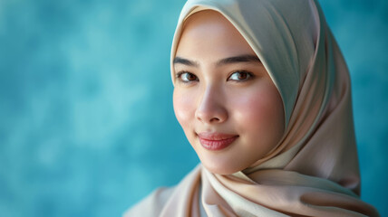 A radiant young woman with dark eyes and a gentle smile is adorned in a beautifully wrapped hijab.