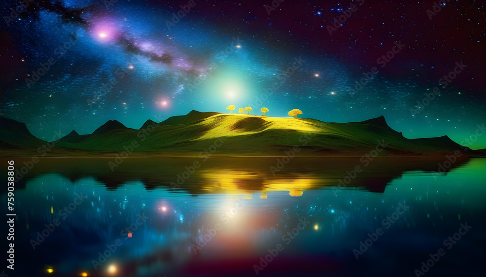 Wall mural an ethereal island floating in space with shimmering surfaces and intricate patterns