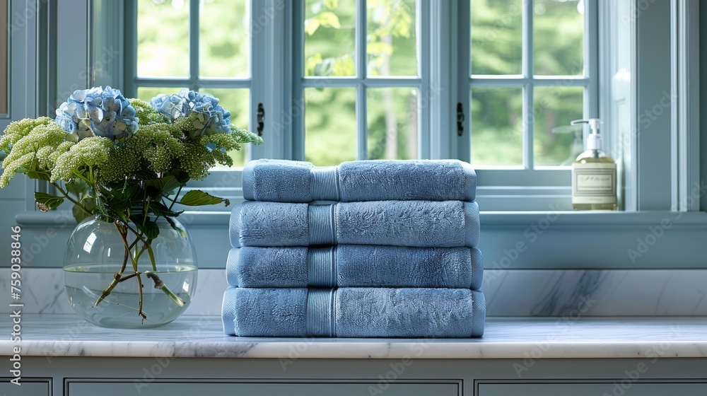 Poster a stack of blue towels sitting on top of a counter next to a vase with flowers in front of a window.