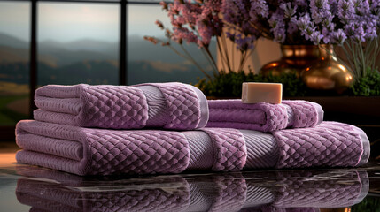 a stack of purple towels sitting on top of a table next to a vase with purple flowers in the background.