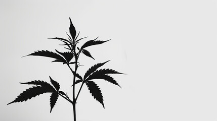 Sharp black silhouette of cannabis leaves against a plain white backdrop, a minimalist approach