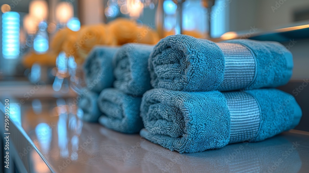 Poster a row of folded blue towels sitting on top of a counter next to a sink in a room with a chandelier.