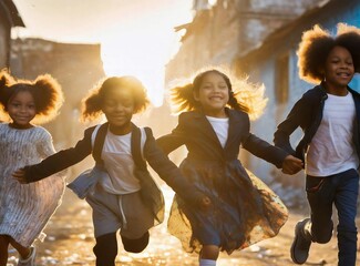 Group of happy black children laugh and run down the street in slum, fun carefree childhood . - obrazy, fototapety, plakaty