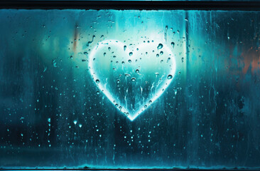 A misty, wet glass illuminated by night lights, with a glowing blue heart-shaped light. This evocative image captures the ambiance of a rainy evening, with the blue heart adding a touch of romanticis