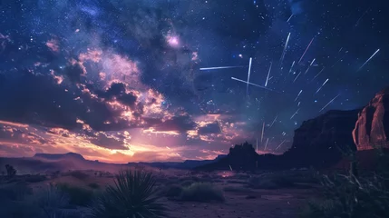 Foto auf Glas The night sky dazzles with an abundance of shooting stars over a silent desert landscape © Daniel