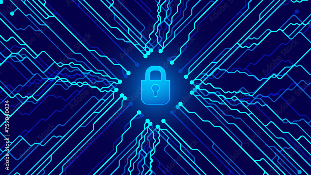 Poster Cyber Security Technology Background. Cyber Lock Icon. Digital Circuit Network Protection Backdrop. Vector Illustration.