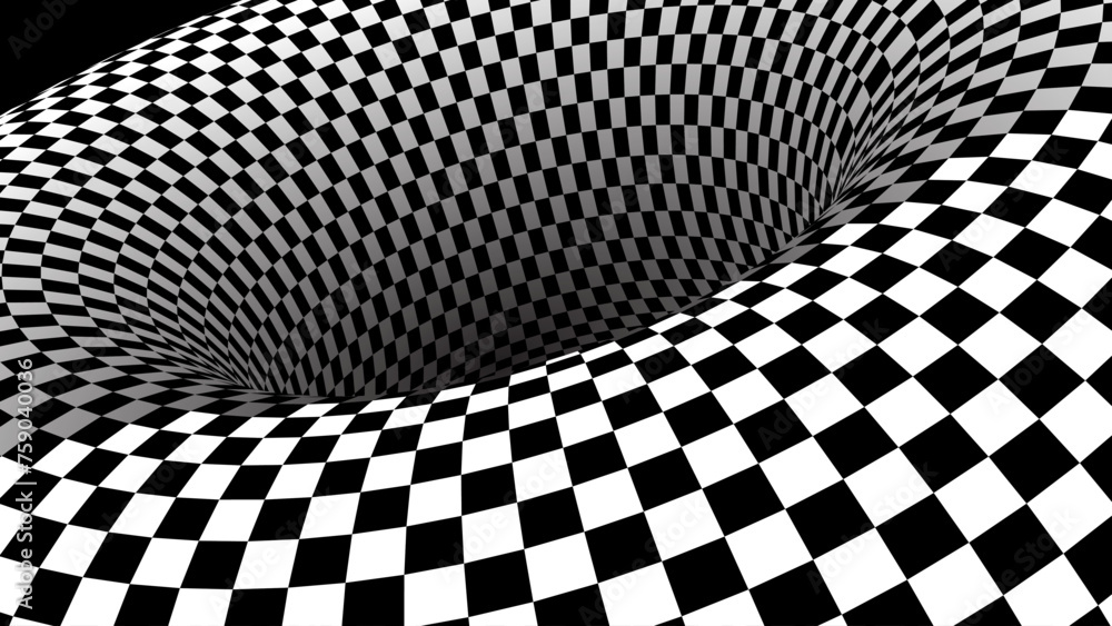 Leinwandbilder Abstract Black and White Pattern with Tunnel. Contrasty Optical Psychedelic Illusion. Optical Art Gravity Vortex. Smooth Checkered Tunnel and Chessboard in Perspective. Vector 3D Illustration.