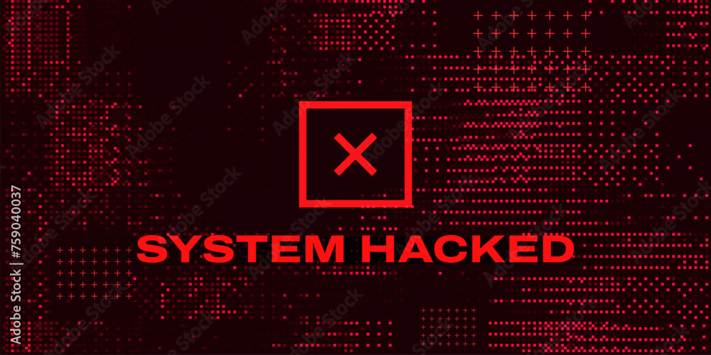 Fototapete X Danger Symbol on Dark Red Glitched Background. Computer Virus. System Hacked Error Sign. Malware, Ransomware, Data Breach Concept. Vector Illustration.