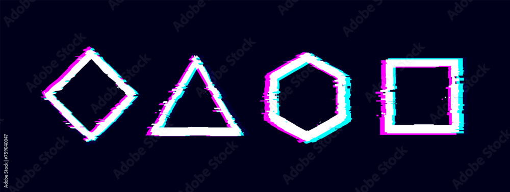 Aufkleber Glitch Geometric Frames. TV Distorted Signal Glitched Effect Round Circle Hexagon Square Distorted Frames. Glitches Destroyed Logo Surrounds Icons Set