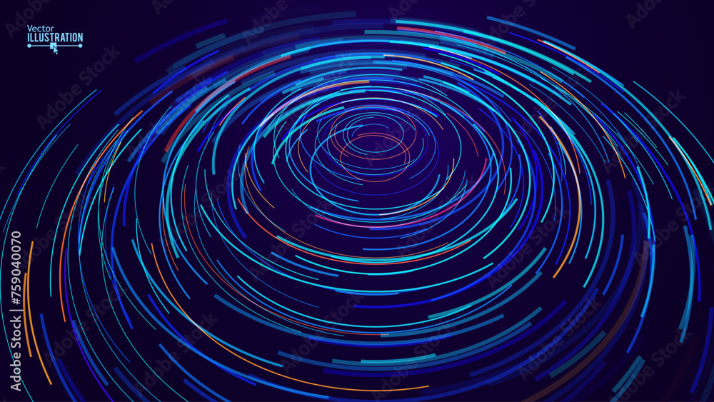 Poster Big Data Visualization. Circular Particles With Trails Vortex. Futuristic Science or Finance Infographic Design. Complex Visual Data Background. Abstract Data Flowing. Vector Illustration.