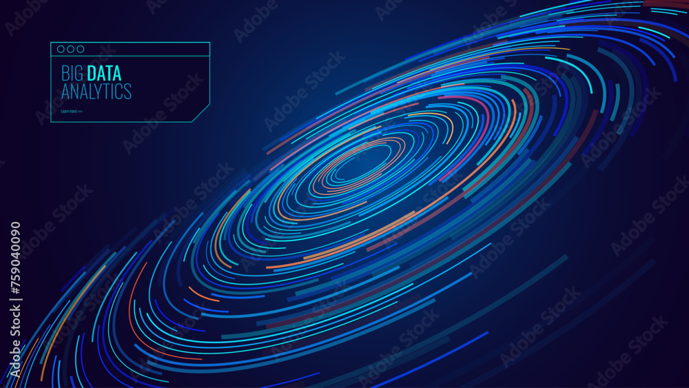 Poster Abstract Digital Circles of Particles. Futuristic Circular Sound Wave. Big Data Visualization. 3D Virtual Space VR Cyberspace. Crypto Currency Blockchain Concept. Vector Illustration.