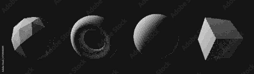 Aufkleber abstract graphic design 3d forms elements. trendy shapes sphere, torus, cube with bitmap raster dith
