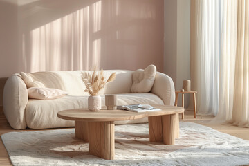Fototapeta na wymiar Wabi Sabi Living Room Interior Design in Beige Color with Beige Sofa Home Decor and Pillows