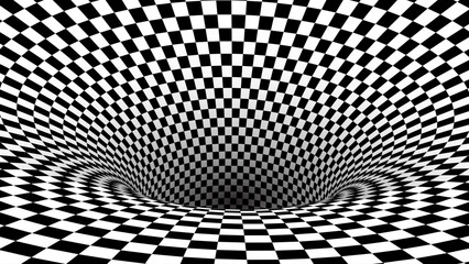 Abstract Black and White Pattern with Tunnel. Contrasty Optical Psychedelic Illusion. Optical Art Gravity Vortex. Smooth Checkered Tunnel and Chessboard in Perspective. Vector 3D Illustration. - obrazy, fototapety, plakaty