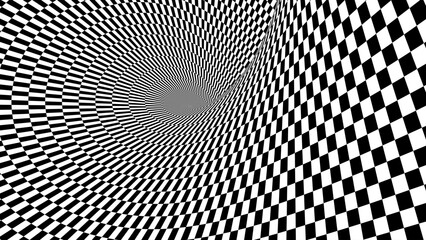 Abstract Black and White Pattern with Tunnel. Contrasty Optical Psychedelic Illusion. Optical Art Gravity Vortex. Smooth Checkered Tunnel and Chessboard in Perspective. Vector 3D Illustration.