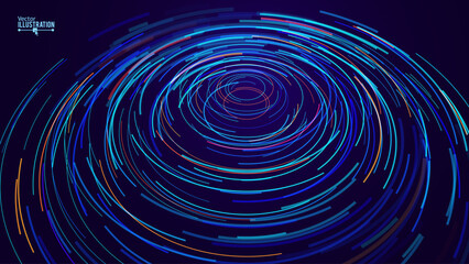 Big Data Visualization. Circular Particles With Trails Vortex. Futuristic Science or Finance Infographic Design. Complex Visual Data Background. Abstract Data Flowing. Vector Illustration.