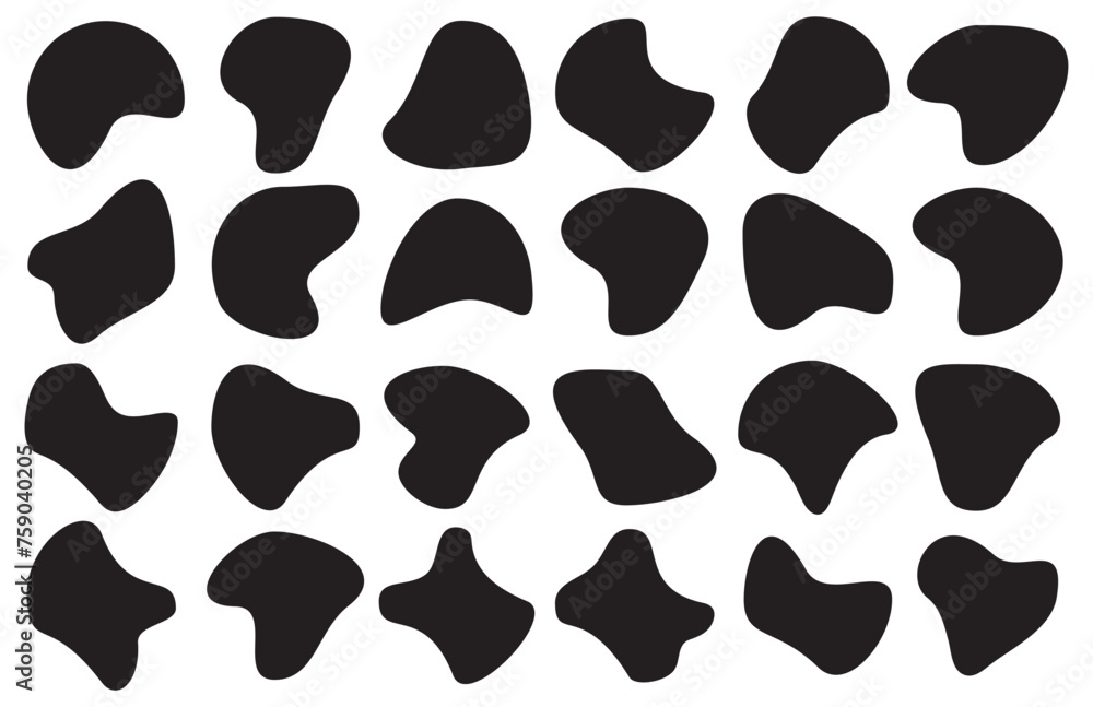 Poster abstract fluid black blob shape vector set. simple amoeba shape, asymmetric spot, irregular form. bl