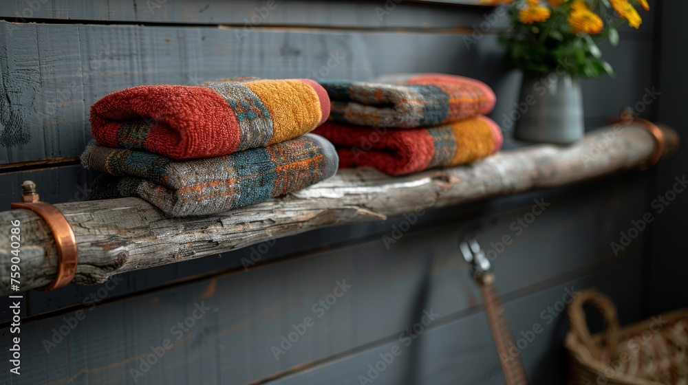 Poster a row of colorful towels sitting on top of a wooden shelf next to a vase with a flower in it.