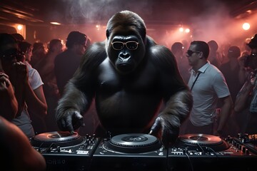 DJ gorilla at a party on the decks