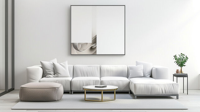 Interior poster mock up living room with colorful white sofa . 3D rendering. High detailed and high resolution smooth and high quality photo