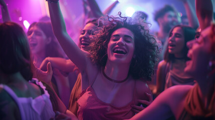 A group of friends dancing and singing along at a concert party, their arms around each other's shoulders as they move to the beat and bask in the euphoria of the moment, - obrazy, fototapety, plakaty