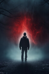 Obraz premium Red energy glow lighting the silhouette of a lost teen boy. Back view. Cinematic horror movie style concept. Foggy dark paranormal background. Halloween themed. Back light glowing ghostly mood. 