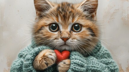 a close up of a cat holding a red heart in its paws and wearing a blue knitted sweater with a cat's paw on it's chest.