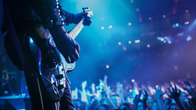 A guitarist shredding on stage, their fingers flying across the fretboard as they unleash a blistering solo, while the crowd below cheers and applauds, swept up in the excitement of the moment. - Powered by Adobe