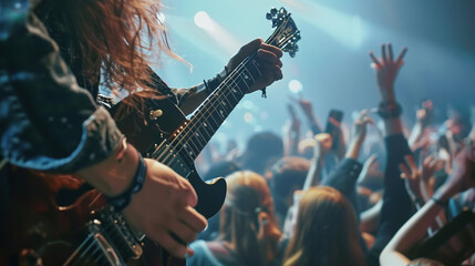 A guitarist shredding on stage, their fingers flying across the fretboard as they unleash a blistering solo, while the crowd below cheers and applauds, swept up in the excitement of the moment.