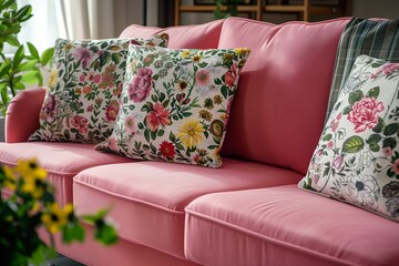 Pink Couch With Floral Pillows in apartment living room