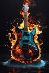 Guitar in fire and water on a black background