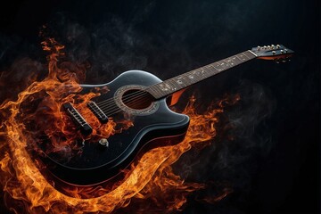 Guitar in fire and water on a black background