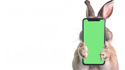 A grey rabbit shows his mobile phone with a green screen on a white background