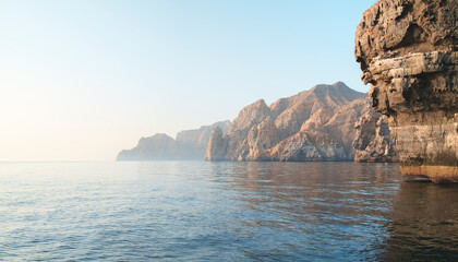 Sea tropical landscape with mountains and fjords, Oman. Vacation recreation holiday travel...