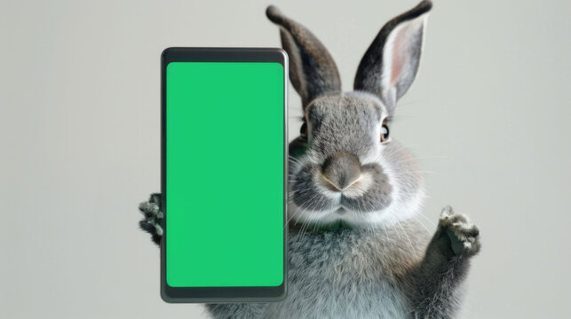 A grey rabbit shows his mobile phone with a green screen on a gray background