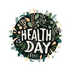 A colorful design of fruits and vegetables with the words "Health Day" written in cursive letters