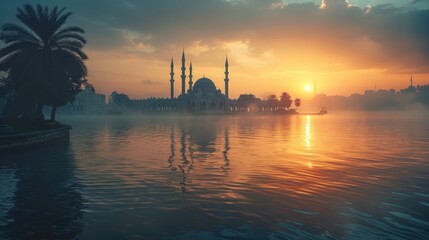 Naklejka premium Peaceful Mosque View Amidst Serene Surroundings