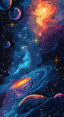 Illustration of space showing galaxies, stars, and celestial phenomena.