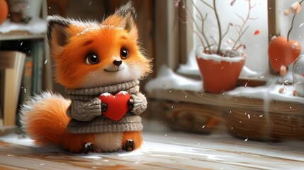 a small stuffed animal holding a heart in a room with a potted plant on the side of the wall.