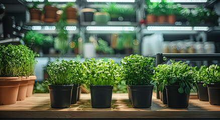A room with microgreens under lamps on shelves.