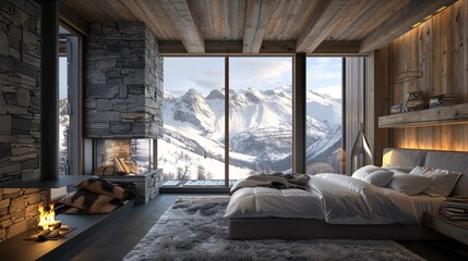 a bedroom with a fireplace and a bed and snow covered mountains