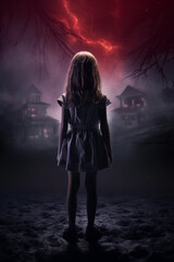 Fototapeta premium Back view of a young blond girl. Haunted houses. Cinematic horror movie style concept. Foggy dark paranormal background. Halloween themed. Back light glowing ghostly mood. 