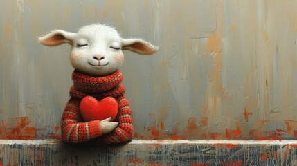 a painting of a sheep with a red heart in his hands, sitting on a ledge with a grungy background. - obrazy, fototapety, plakaty
