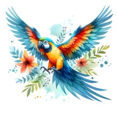 Hand draw watercolour paint Flying parrot on a pure white background 