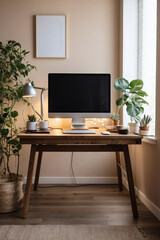 Feminine Home Office: Elegant Coziness with Computer on Wooden Desk