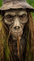 Obraz premium A detailed close up of a scarecrows weathered face in a lush rice field