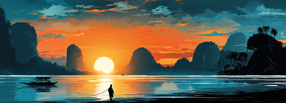 An illustration of a sunset over the water, with the silhouette of a fisherman pulling a boat ashore by a rope. This captivating scene captures the tranquility and beauty of nature, with the warm hues