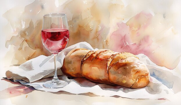 a watercolor painting of a loaf of bread and a glass of wine