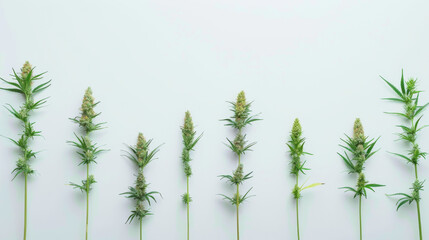 A row of cannabis plants with visible flowering tops isolated on a minimalistic white background - obrazy, fototapety, plakaty