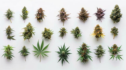 This image displays an assorted array of cannabis buds neatly arranged on a white surface showing diversity in color and form